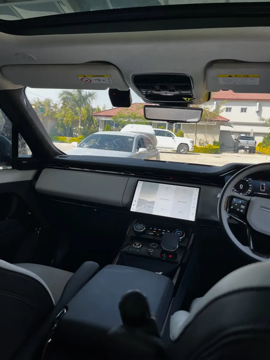 Inside the Range Rover, looking out through the tinted windscreen